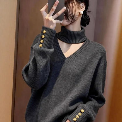 Damen Strickpullover Rollkragen Knöpfe Eveloria
