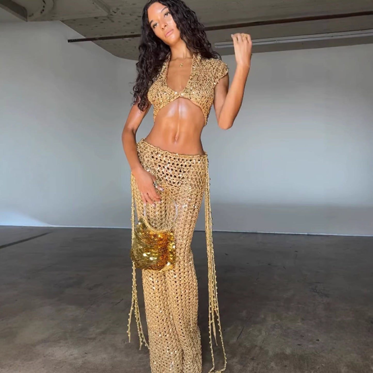 Damen Glitzer-Overfit-Set Knöchellang mit funkelnden Details