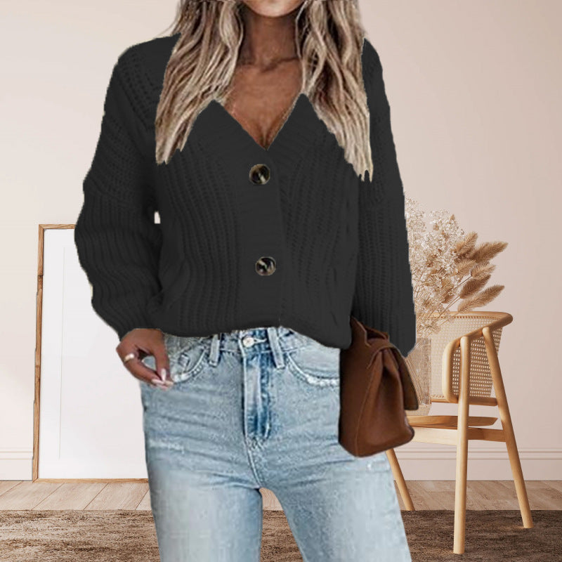 Damen Grobstrickcardigan Voluminöse Ärmel Knöpfe Beige