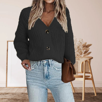 Damen Grobstrickcardigan Voluminöse Ärmel Knöpfe Beige