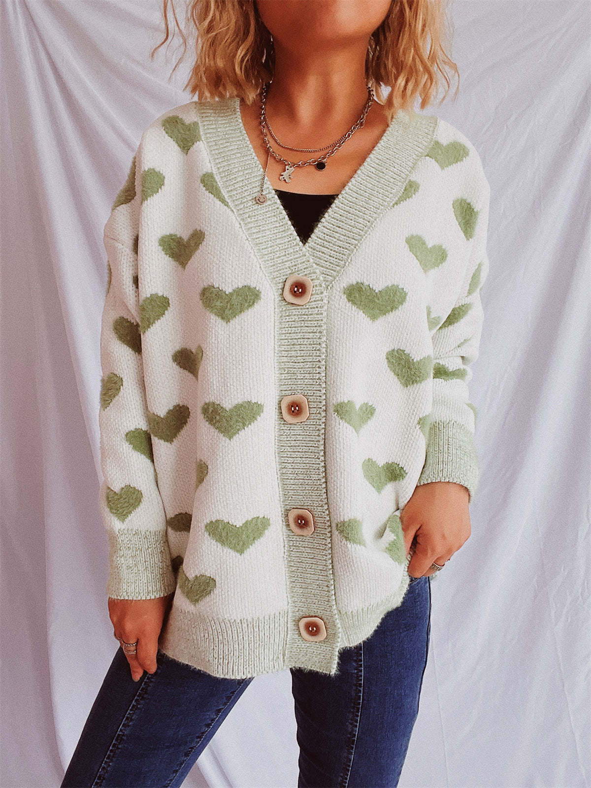 Damen Strickjacke Herzförmiges Muster Knöpfe