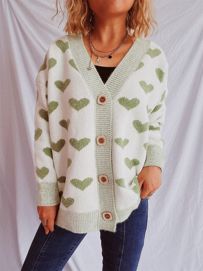 Damen Strickjacke Herzförmiges Muster Knöpfe