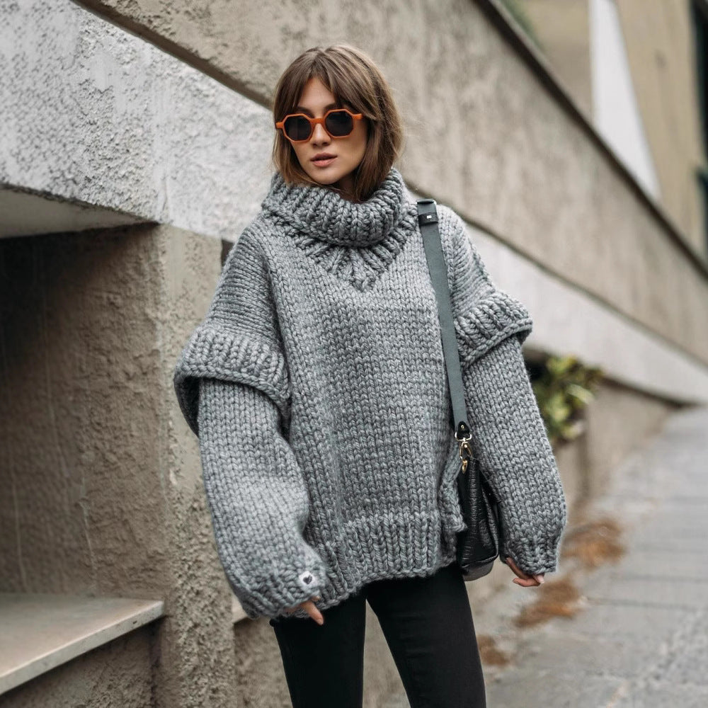 Damen Oversized Strickpullover Grobgestrickt Rollkragen Gerippte Ärmel - Eveloria