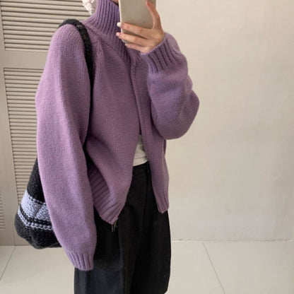 Damen Grobstrickjacke Hochkragen Reißverschluss Eveloria