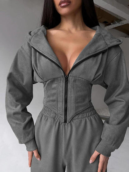 Damen Jumpsuit Tailliert Sportliche Kapuze Eveloria