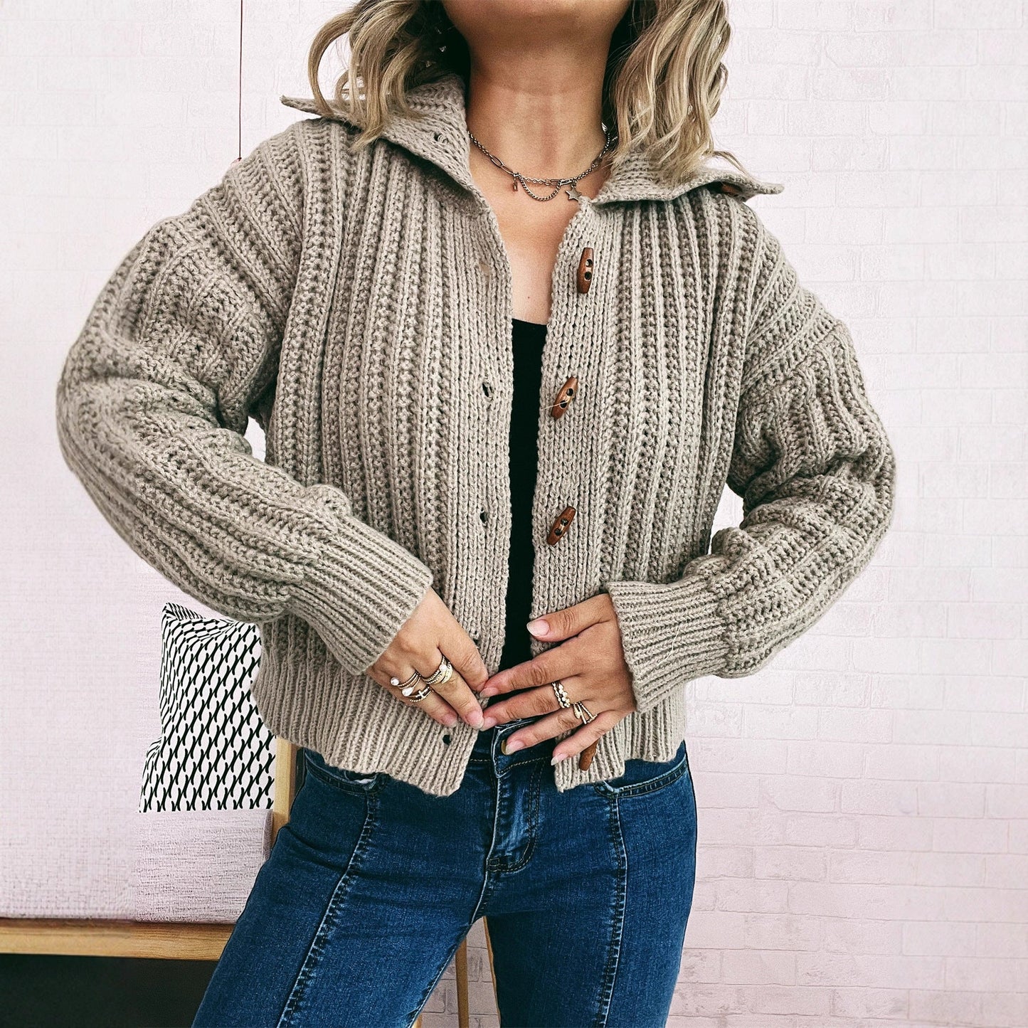 Damen Strickcardigan mit Knöpfen und Kapuze