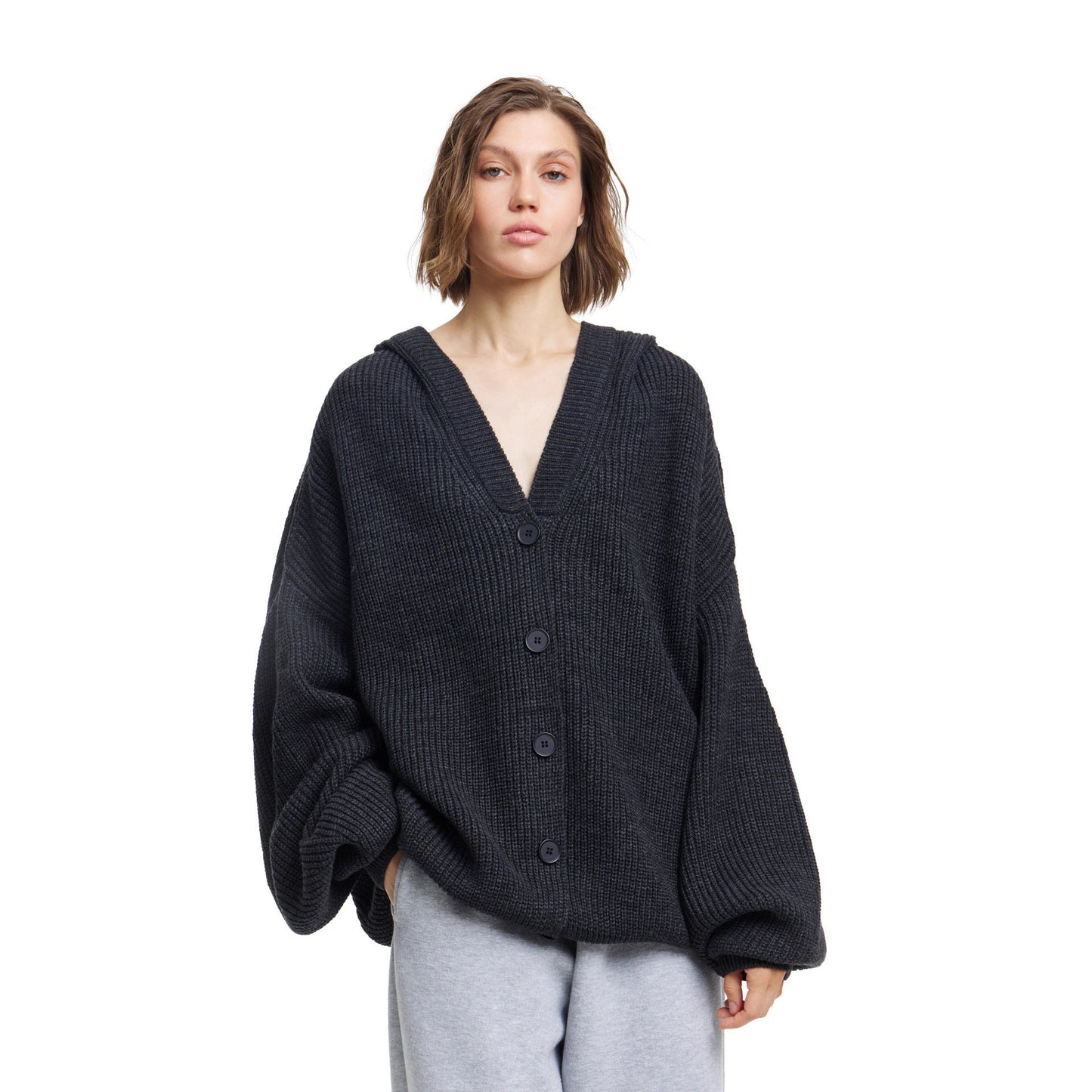 Damen Strickjacke Oversized mit Kapuze und Knöpfen