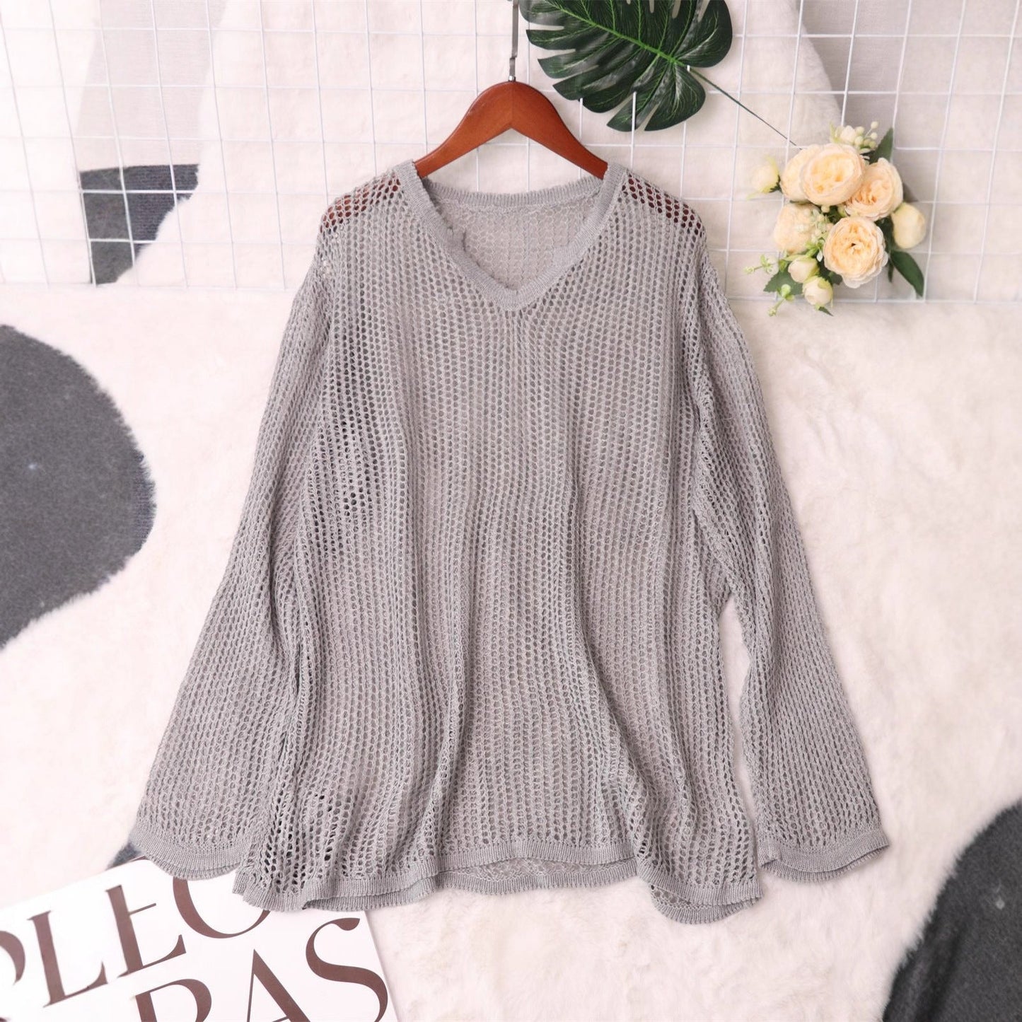 Damen Strickpullover Luftiger Netzdesign