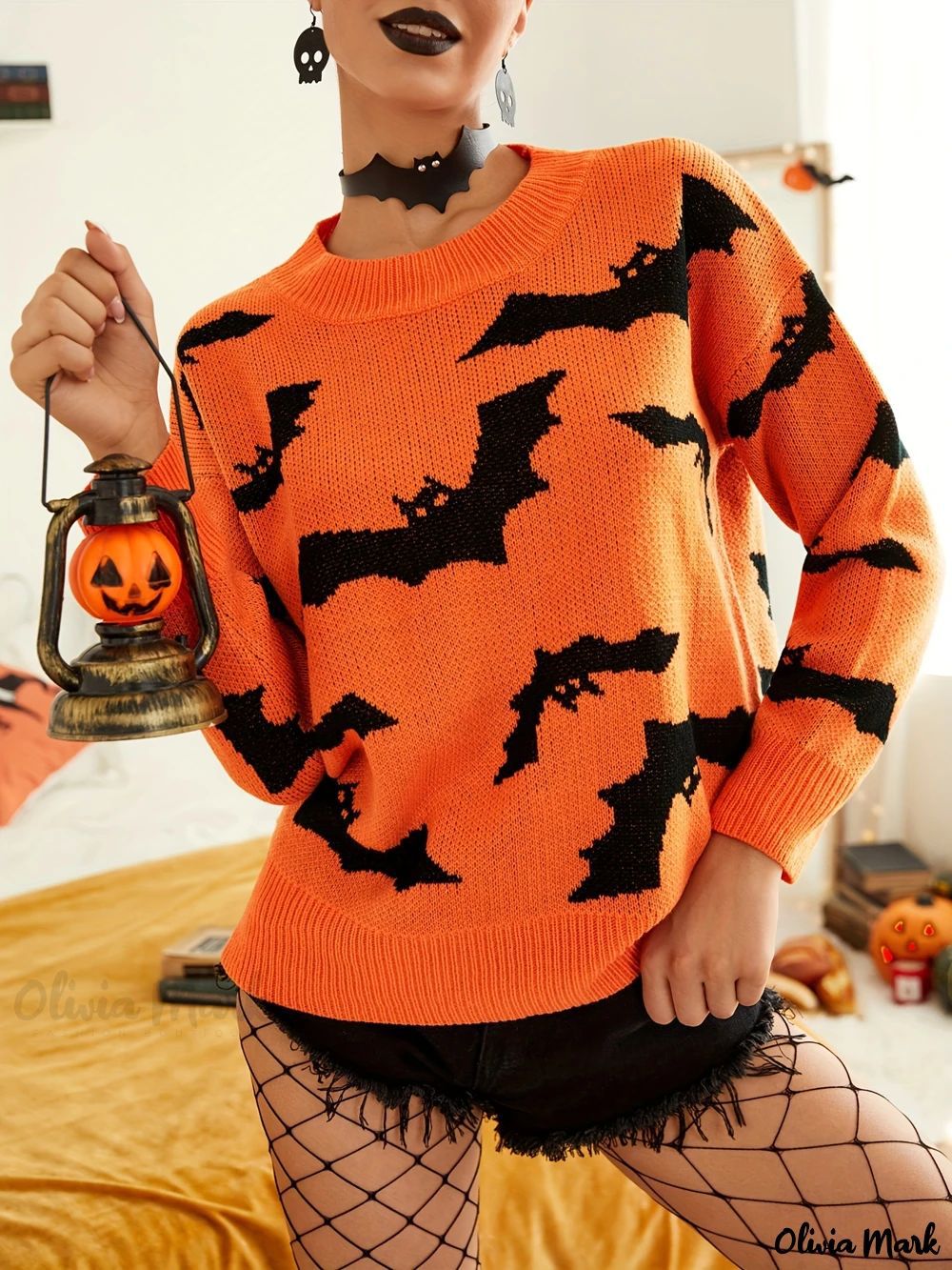 Damen Halloween Pullover Fledermaus Muster Eveloria