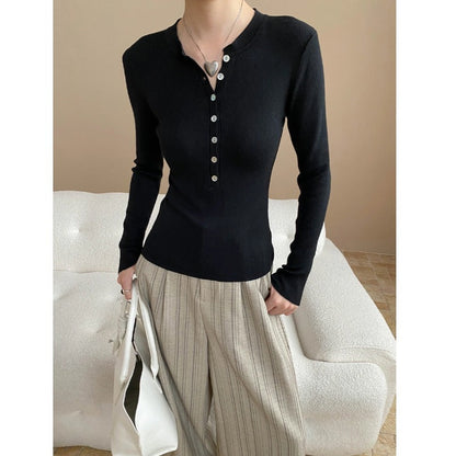 Damen Langarm Henley-Shirt Rippmaterial Knopfleiste Weiss Eveloria