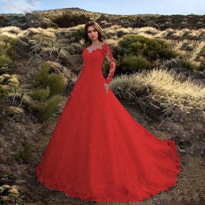 Damen Abendkleid Spitze V-Ausschnitt Langärmlig Eveloria