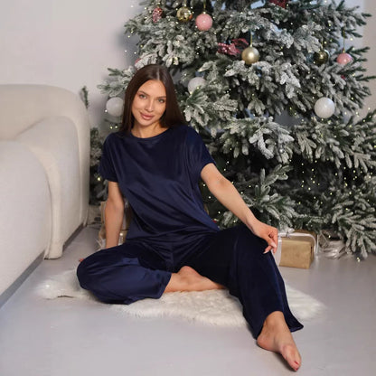 Damen Satin Loungewear Set Lässiger Schnitt Weite Hose