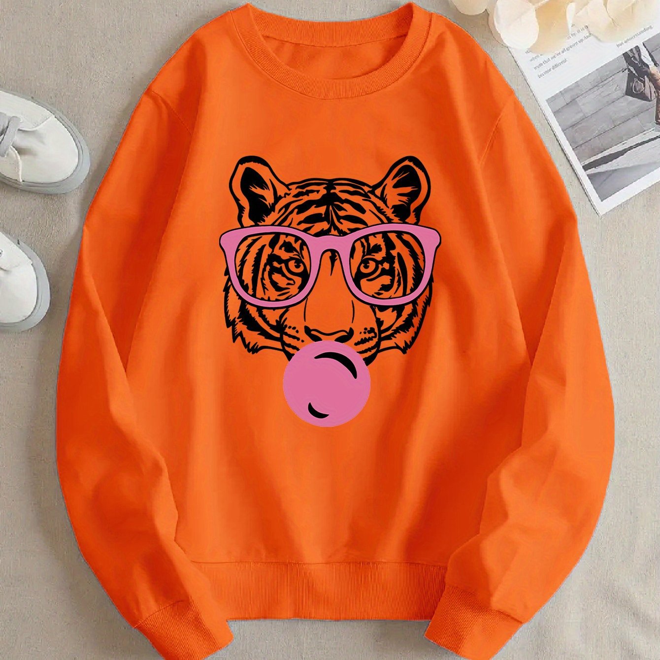 Damen Sweatshirt Tiger-Design Lässiger Schnitt Eveloria