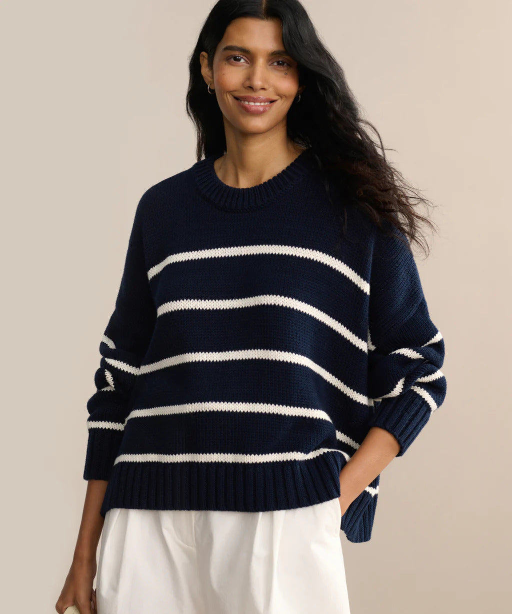 Damen Strickpullover Breite Streifen Rundhals weiß Eveloria
