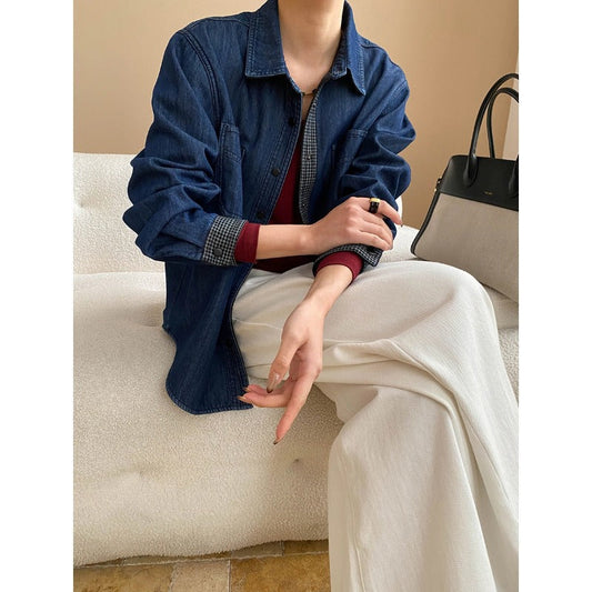 Damen Denim-Hemdjacke Lässig Kariert Blau Eveloria - Eveloria