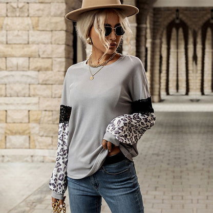 Damen Pullover mit floralem Muster und Spitzenärmeln Leopardenlook