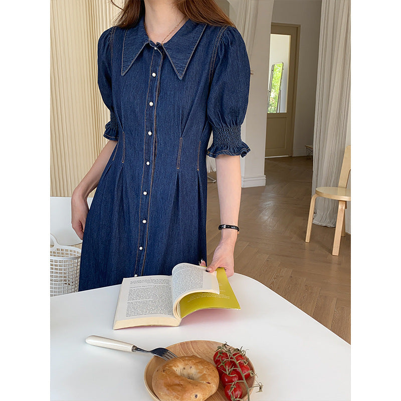 Damen Midikleid Denim Voluminöse Ärmel