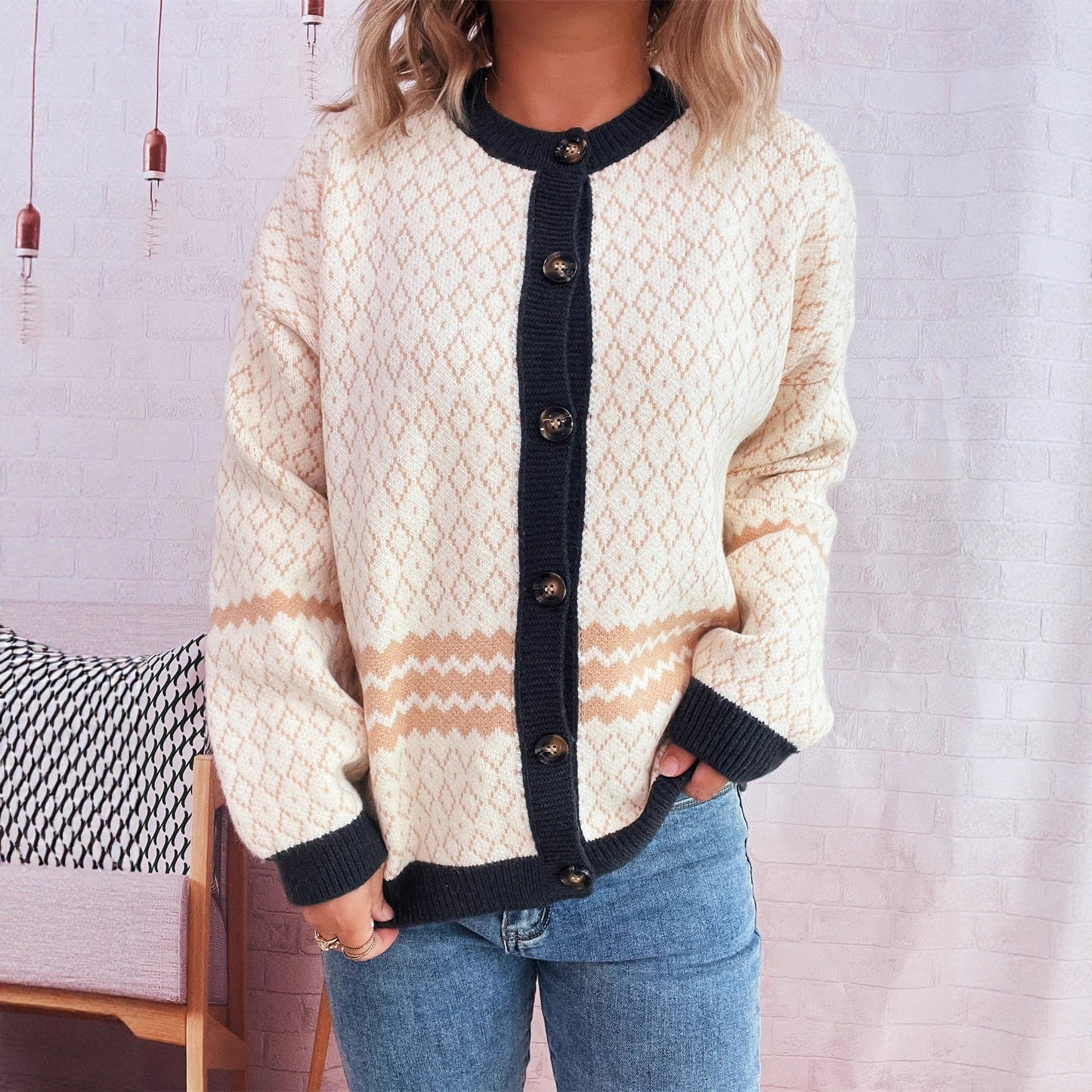Damen Strickjacke Geometrisches Muster Elegante Knöpfe Eveloria