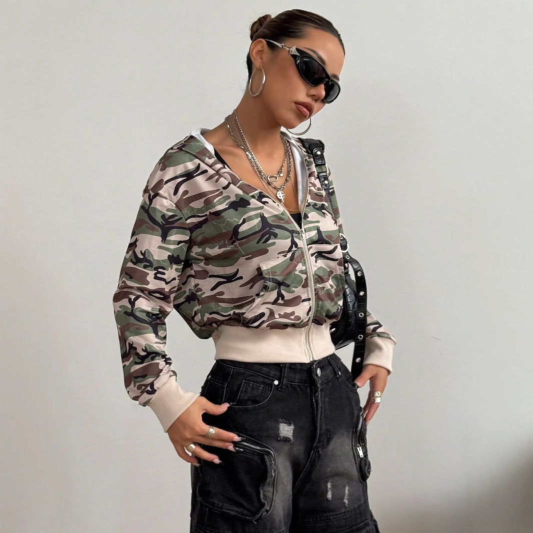 Damen Kapuzenjacke Kurz Camouflage Stil Eveloria