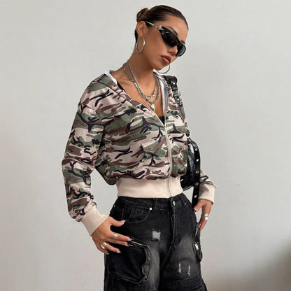 Damen Kapuzenjacke Kurz Camouflage Stil Eveloria