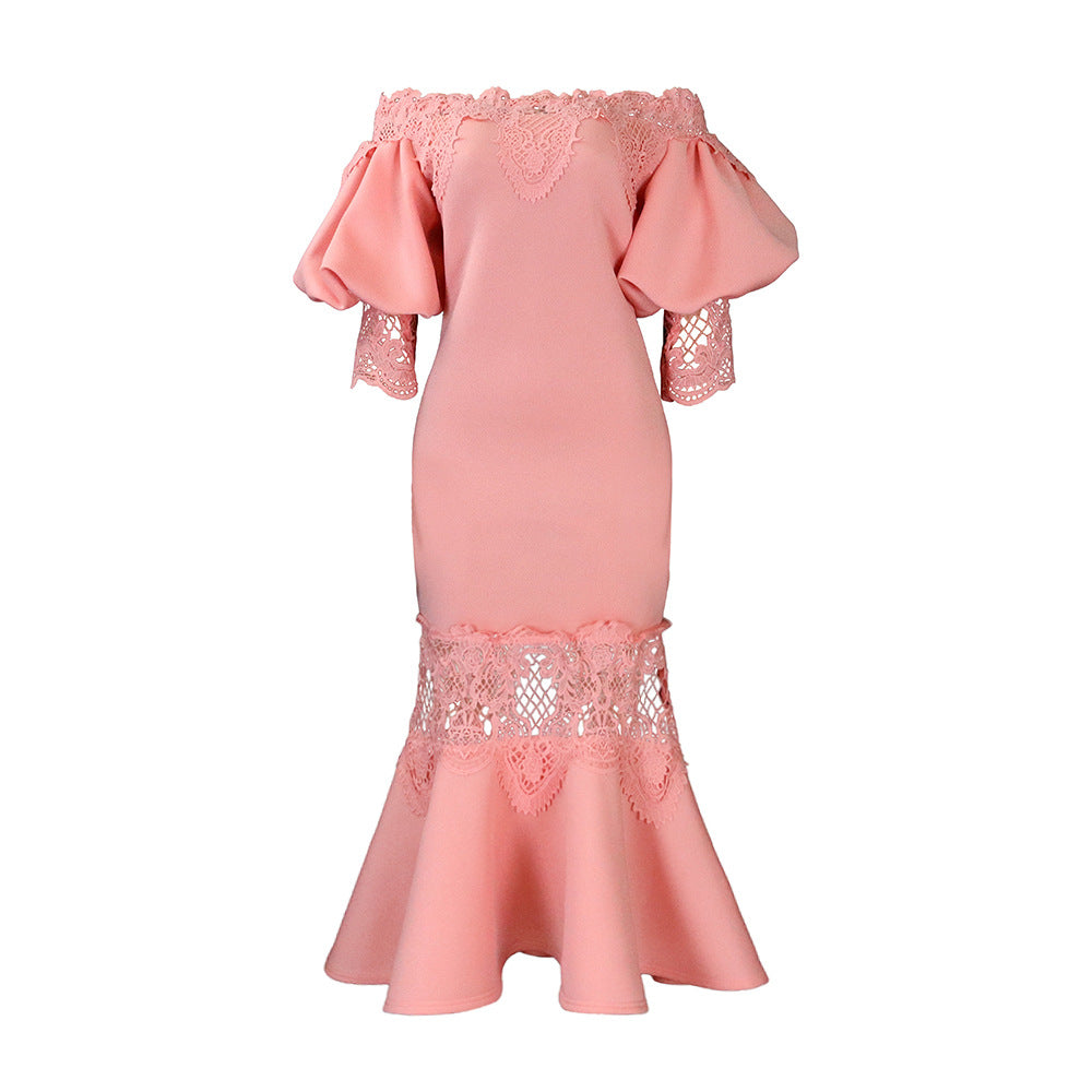 Eveloria Damen Spitzenkleid Meerjungfrauenschnitt Voluminöse Ärmel
