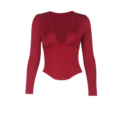 Damen Bodysuit Tiefes V mit Strukturdesign Eveloria