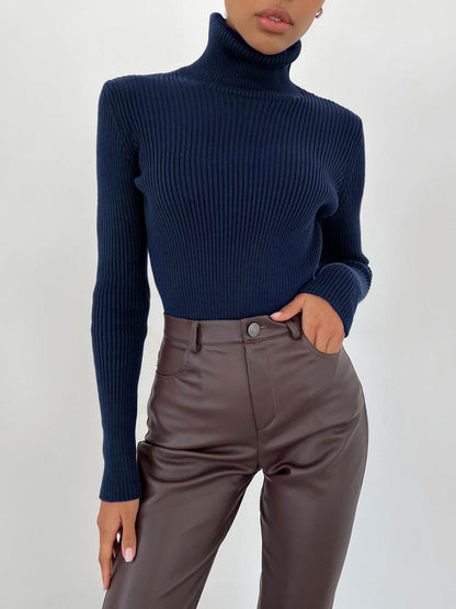Damen Pullover Lang Hohler Kragen Feine Rippenstruktur Beige