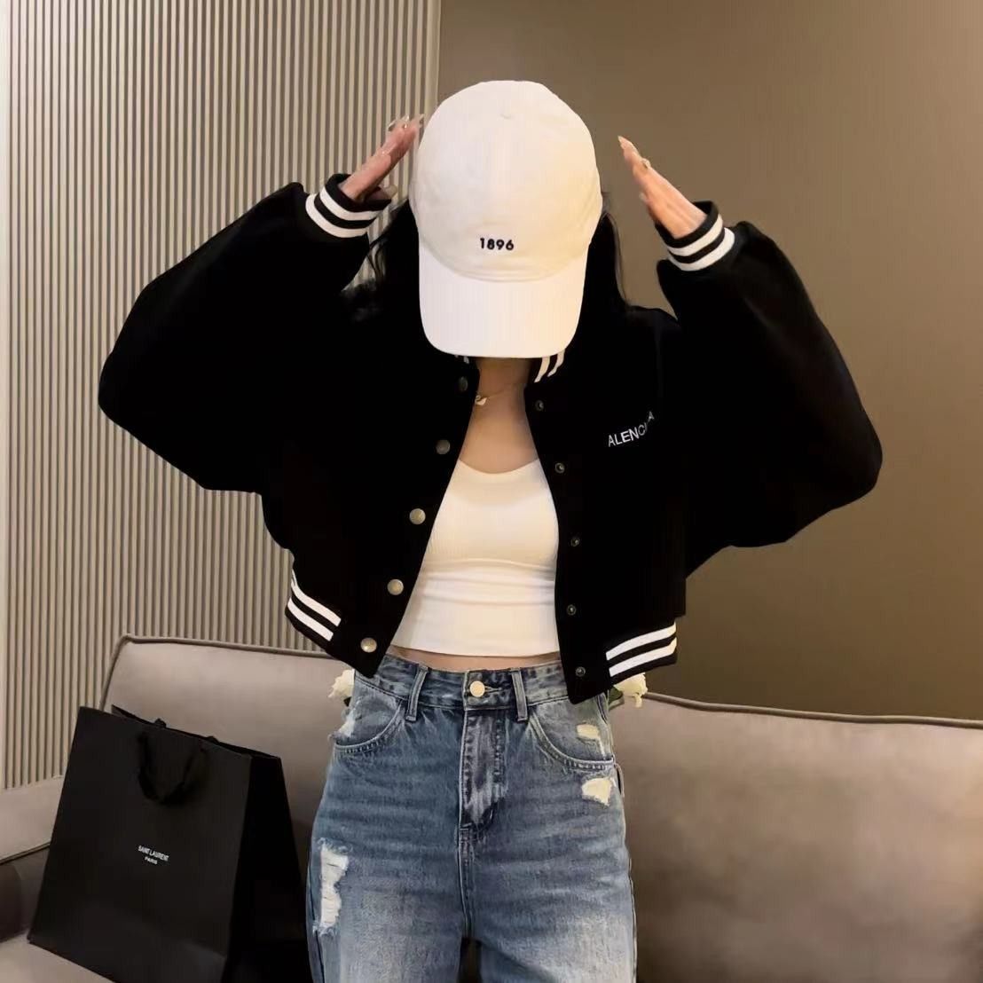Damen Cropped Bomberjacke Kontraststreifen Druckknöpfe