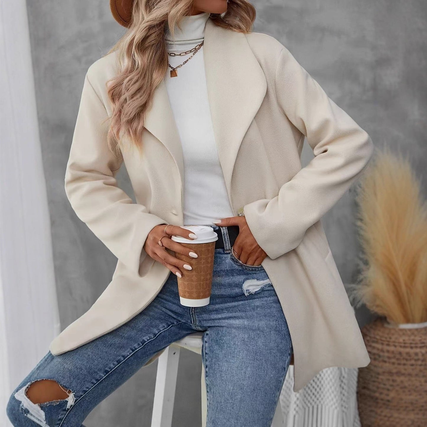 Damen Übergangsjacke mit Knopfverschluss und großem Revers