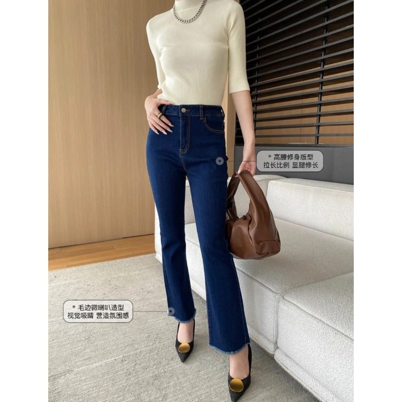 Damen High-Waist Flare Jeans mit Fransen Eveloria