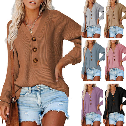 Damen Pullover V-Ausschnitt Holzknöpfe Eveloria