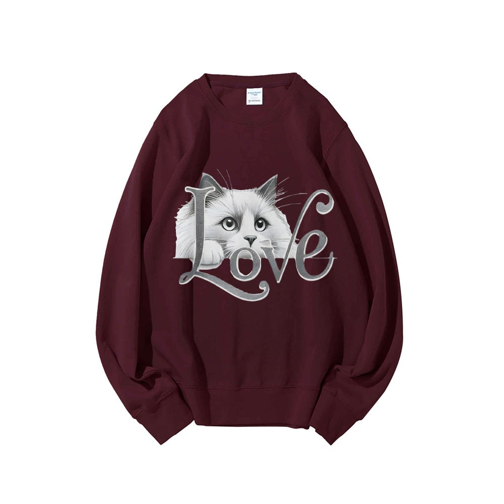 Damen Sweatshirt Katzenmotiv Lässig Grau Eveloria