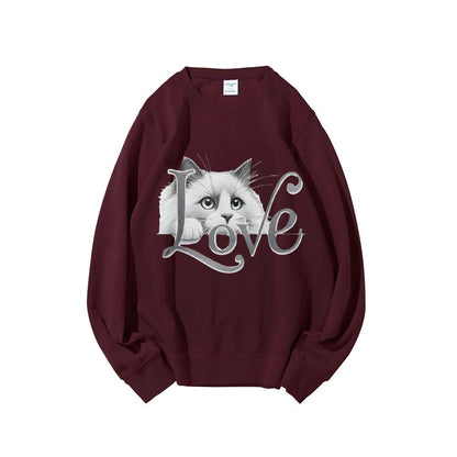 Damen Sweatshirt Katzenmotiv Lässig Grau Eveloria