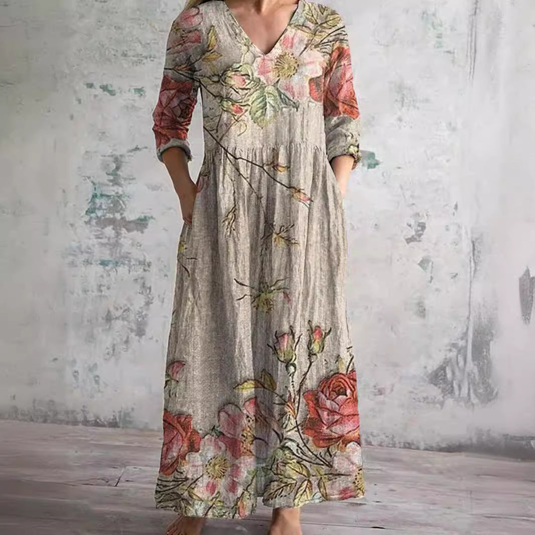 Damen Sommerkleid Blumenprint V-Ausschnitt Langärmlig Maxikleid - Eveloria