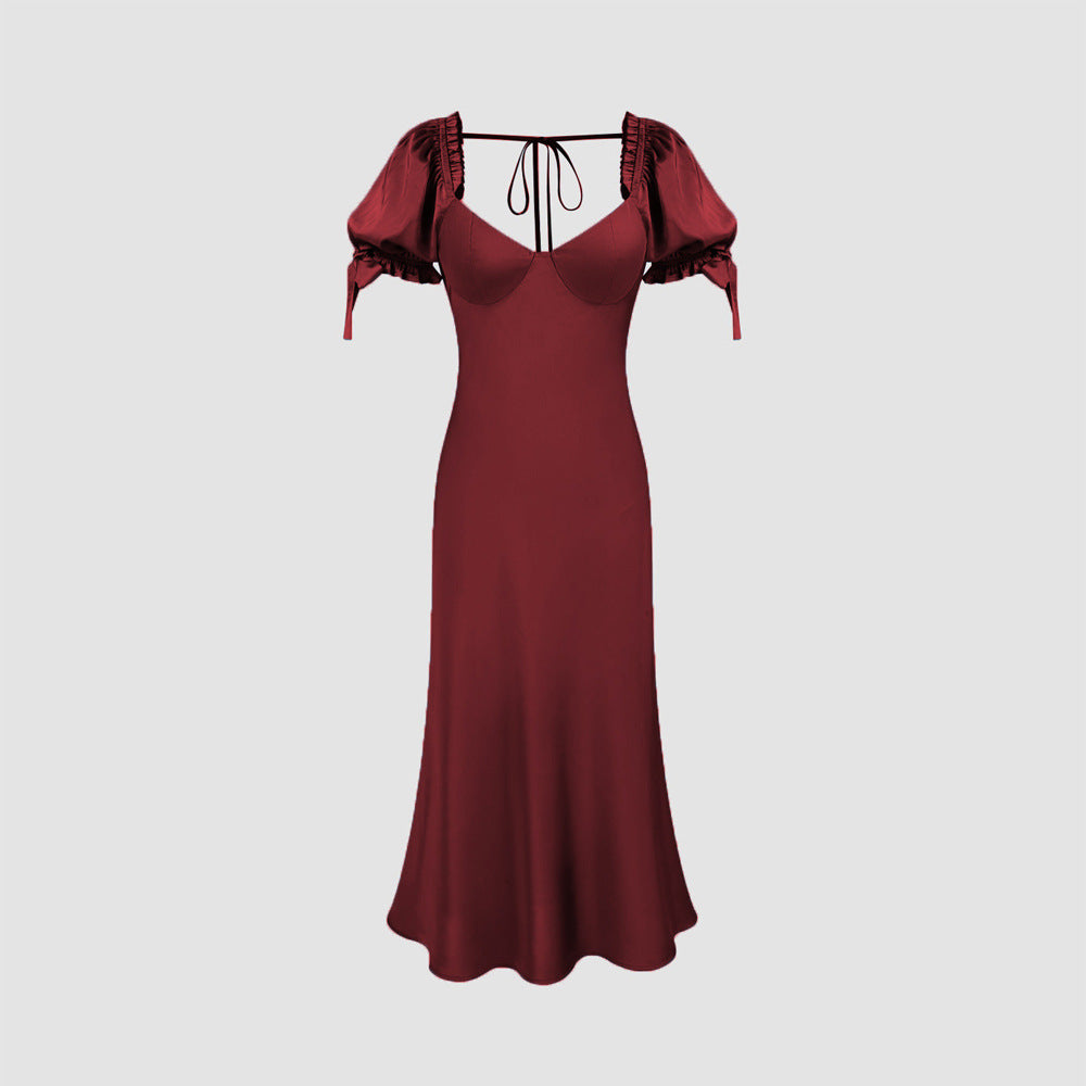 Damen Midi-Kleid Puffärmel V-Ausschnitt Eveloria