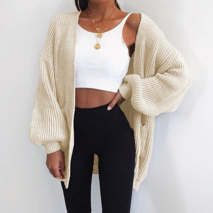 Damen Grobstrick Cardigan Oversized Ärmel Praktische Taschen