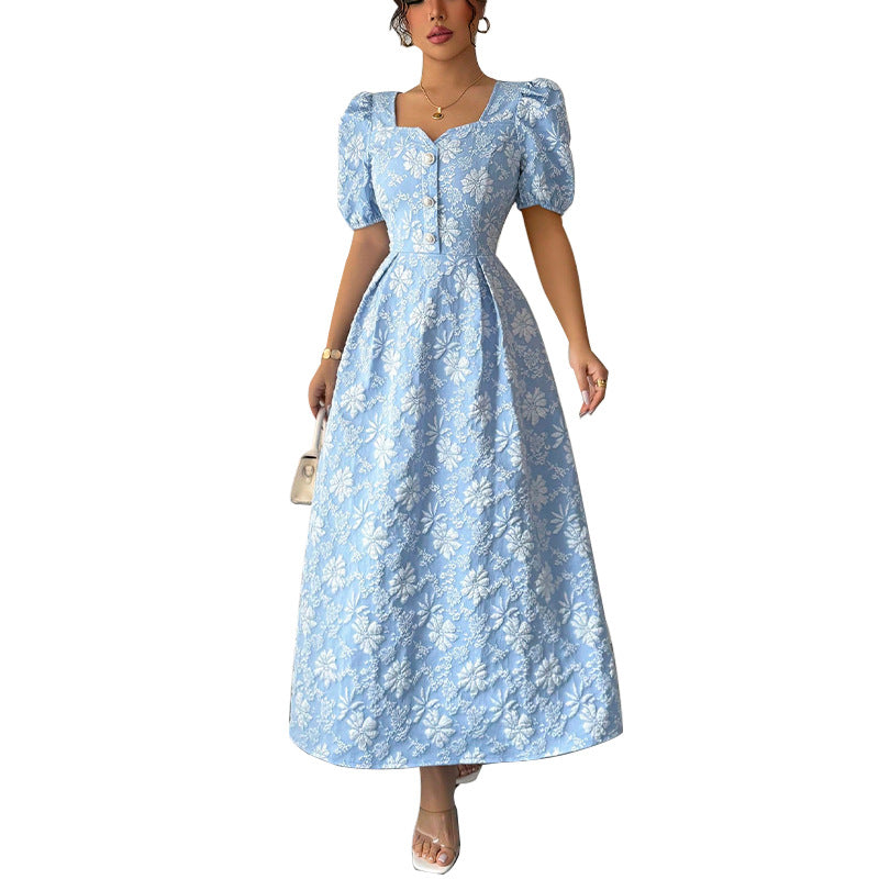 Damen Maxikleid Florale Applikationen Puffärmel Eveloria