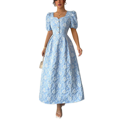 Damen Maxikleid Florale Applikationen Puffärmel Eveloria