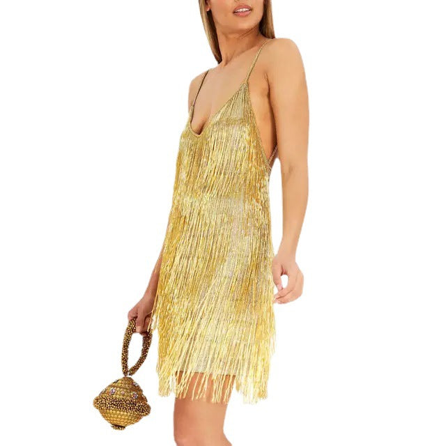 Damen Abendkleid Glänzende Fransen Tiefes V-Neck