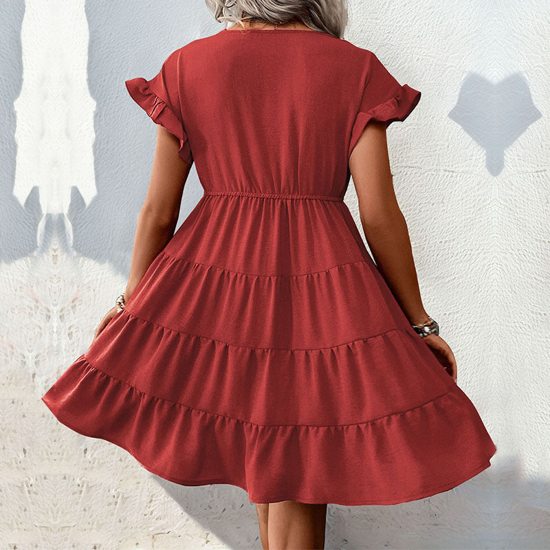 Damen Wickelkleid Rüschendetails Schwingrock Eveloria