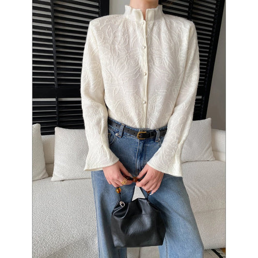 Damen Bluse mit Stickereien Feine Struktur Weiß - Eveloria
