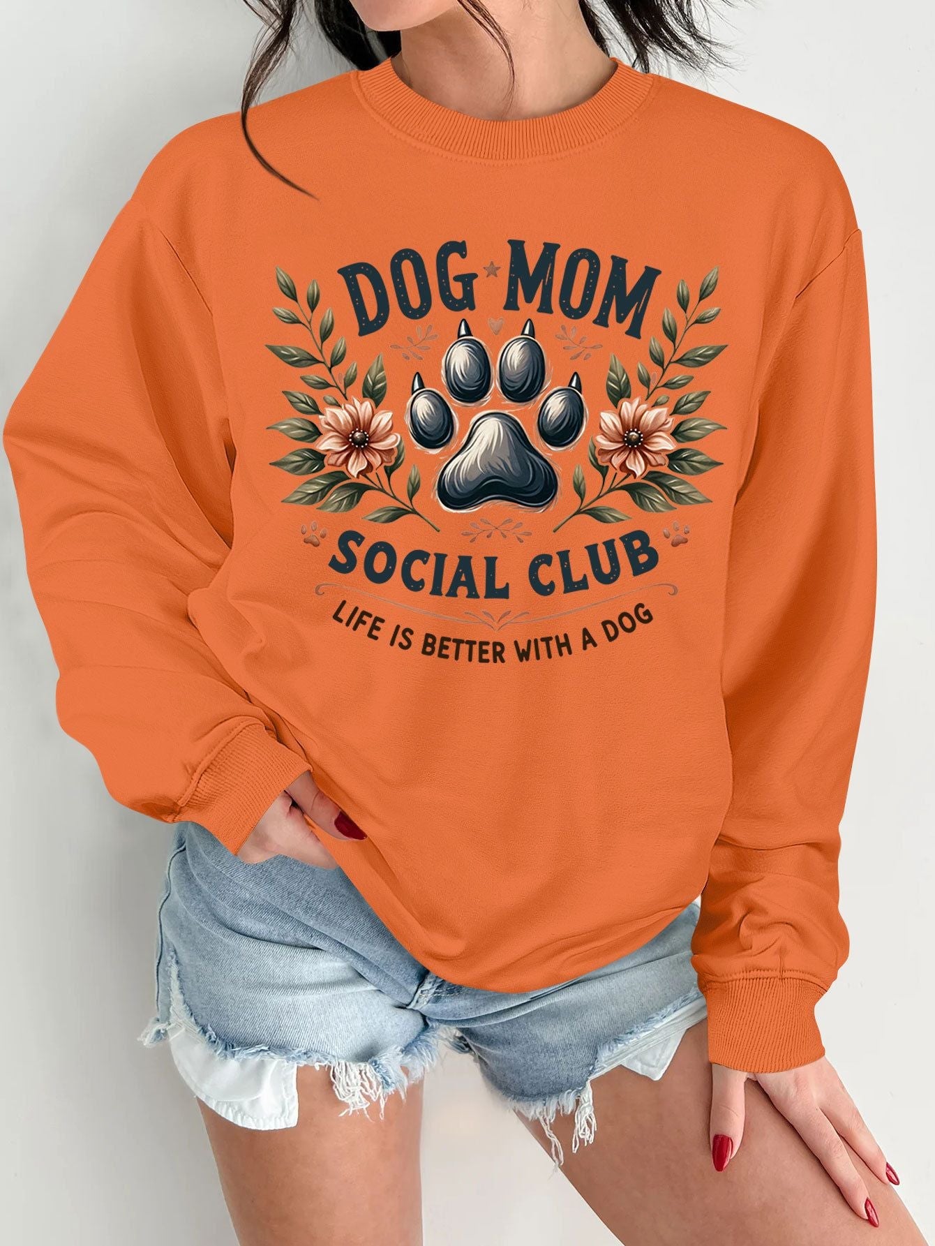 Damen Sweatshirt Hundemotiv Aufdruck Grau