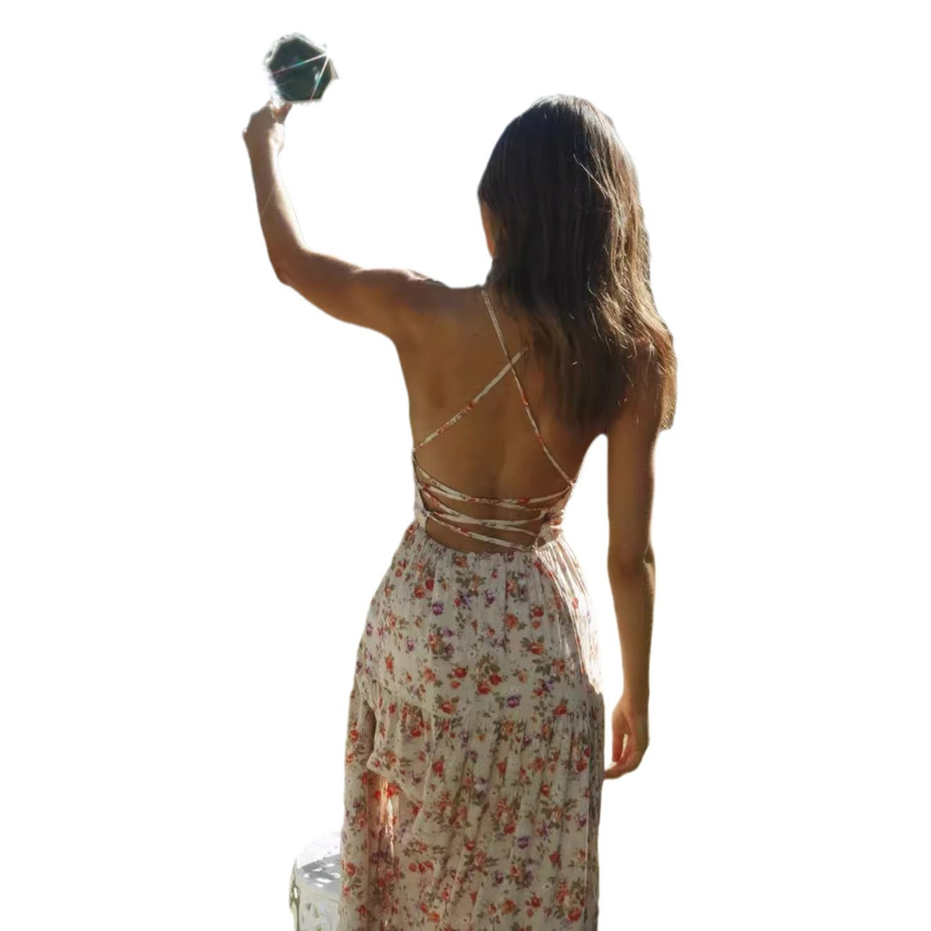 Damen Maxikleid Blumenprint Spitzen-Träger Pastell