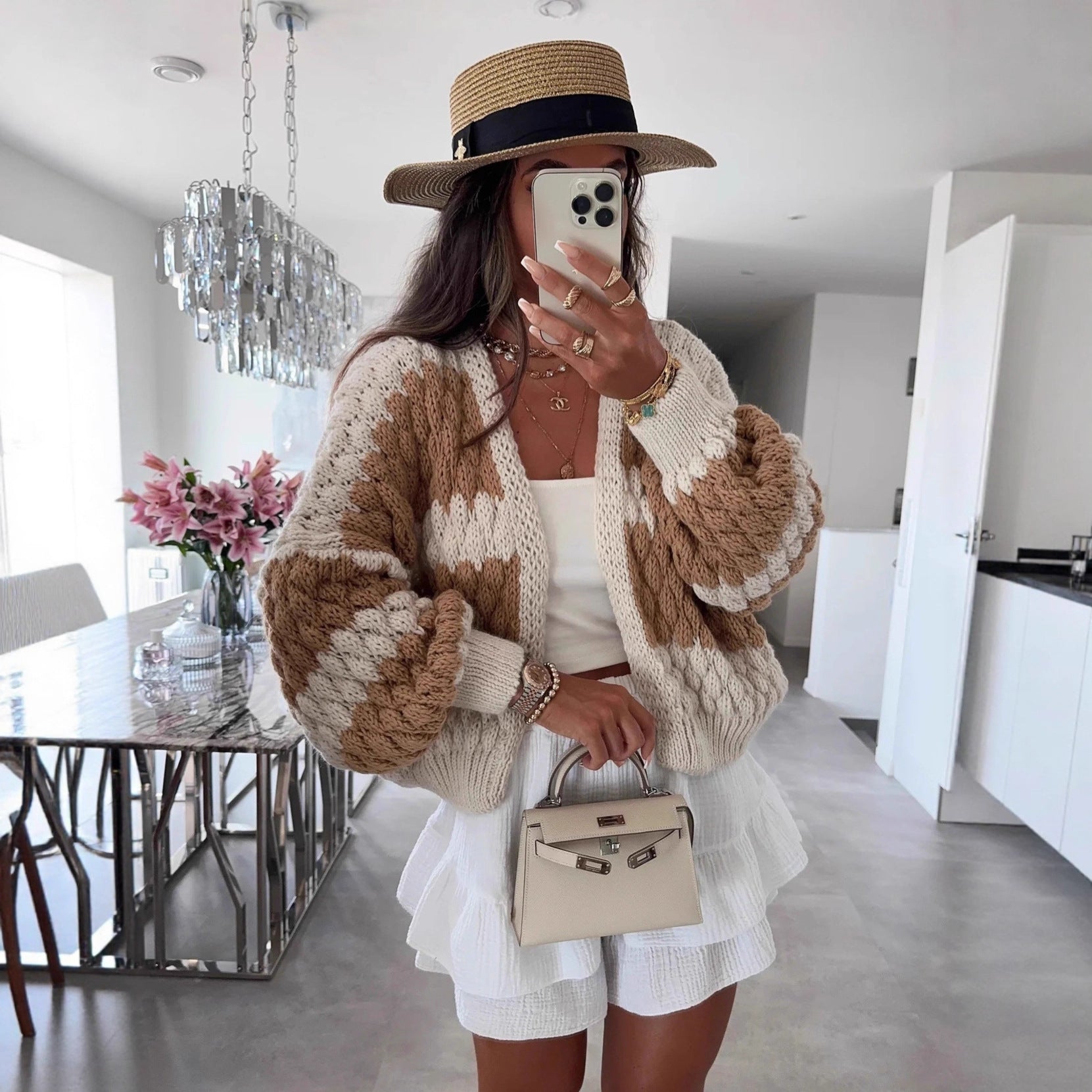 Damen Strickcardigan Oversized Großes Zopfmuster Beige - Eveloria
