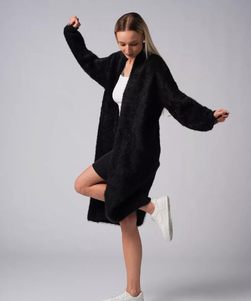 Damen Strickcardigan Lang Kuschelig Eleganter Schnitt Beige