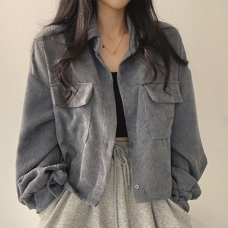 Damen Cordjacke Voluminöse Ärmel Braun Eveloria