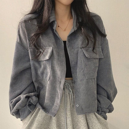 Damen Cordjacke Voluminöse Ärmel Braun Eveloria
