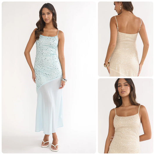 Damen Maxikleid Glitzernd Transparent Asymmetrisch - Eveloria