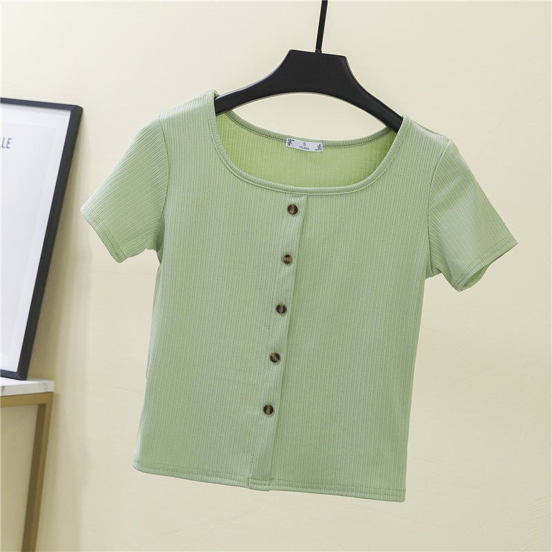 Damen Kurzarmshirt Rippenstrick Modern mit Knopfleiste Hellblau