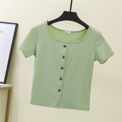 Damen Kurzarmshirt Rippenstrick Modern mit Knopfleiste Hellblau